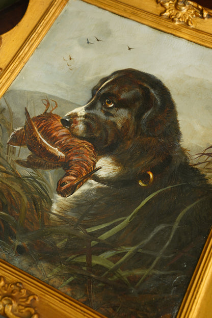 Antique Signed Hunting Dog Oil Painting
