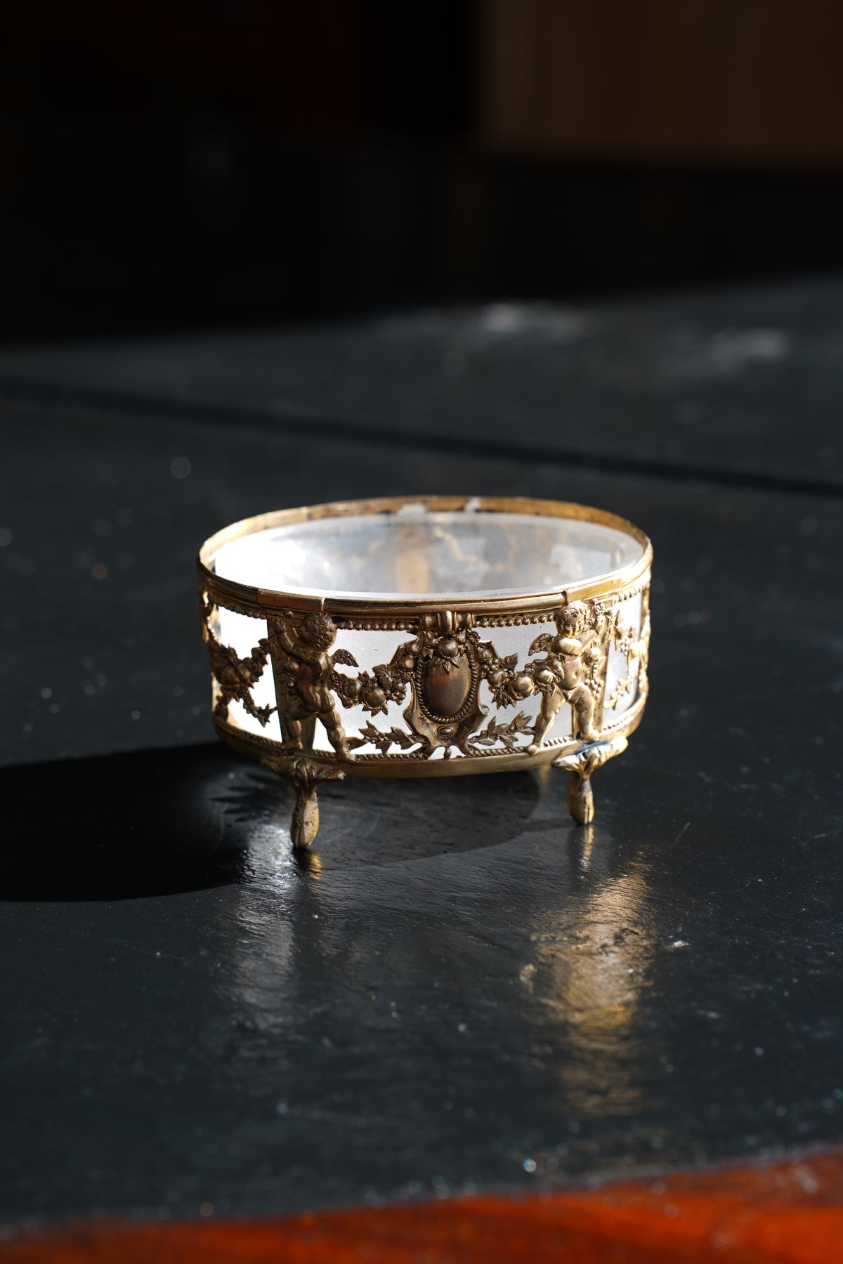 Antique Louis XVI Style Gilt Salt Cellar, Frosted Glass
