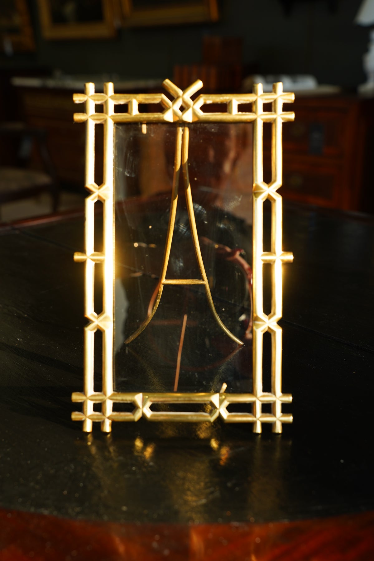 Antique Victorian Brass Easel Frame, Bamboo Lattice