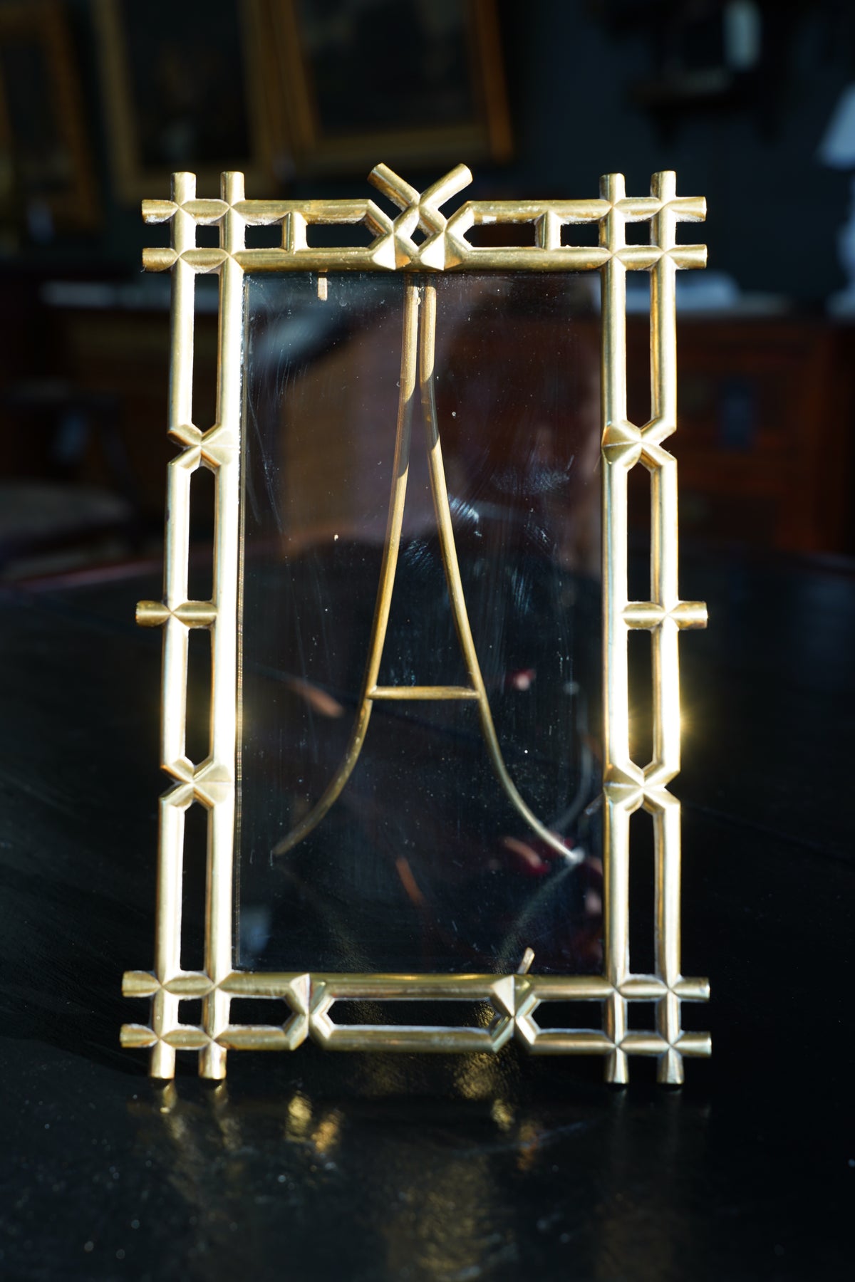 Antique Victorian Brass Easel Frame, Bamboo Lattice