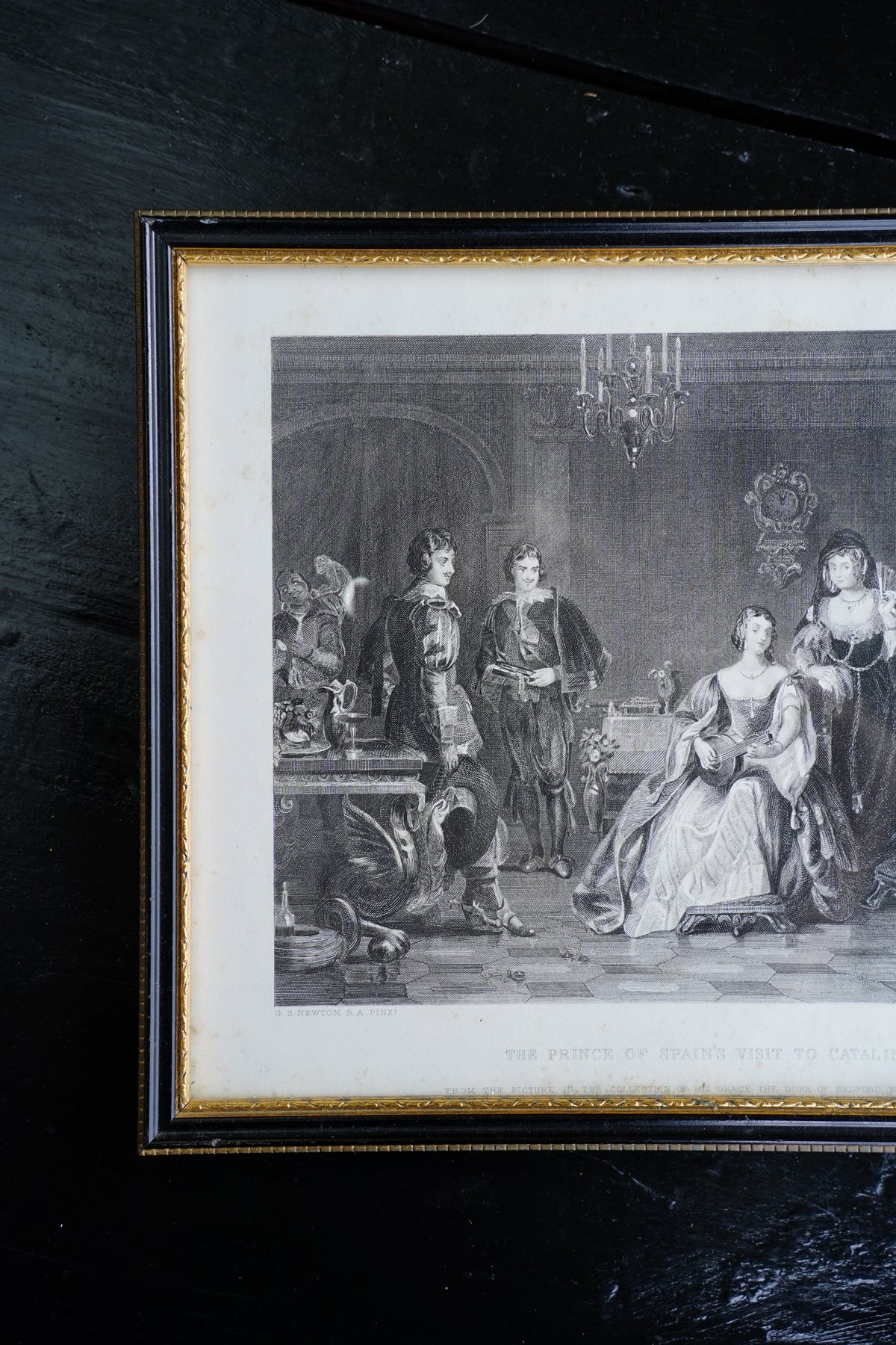 Antique Framed Spanish Court Scene Engraving, 19th Century