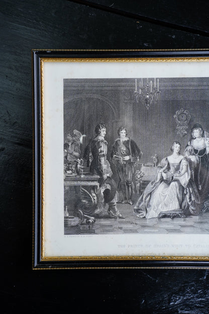 Antique Framed Spanish Court Scene Engraving, 19th Century