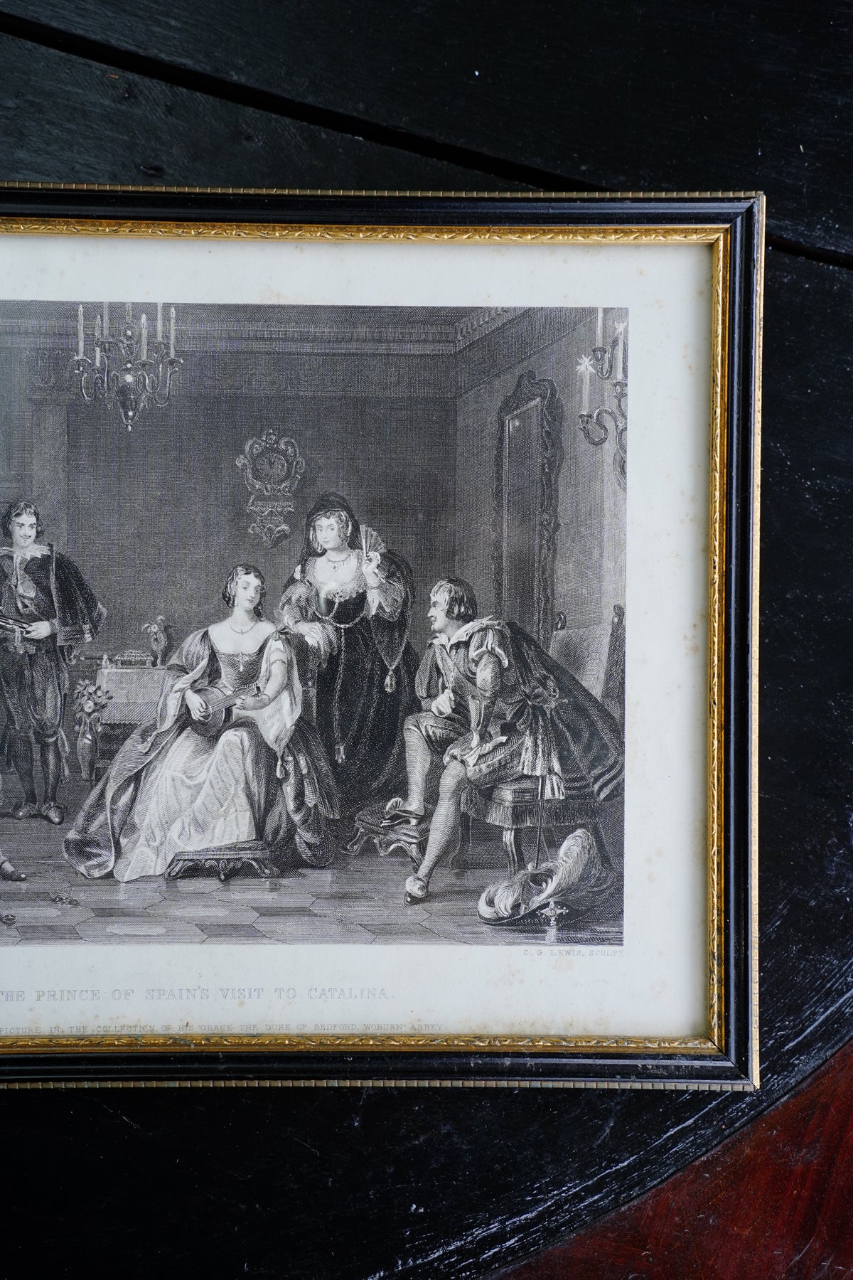 Antique Framed Spanish Court Scene Engraving, 19th Century