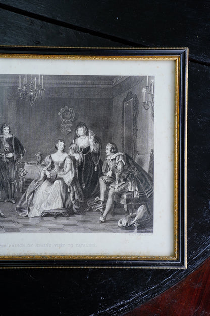 Antique Framed Spanish Court Scene Engraving, 19th Century