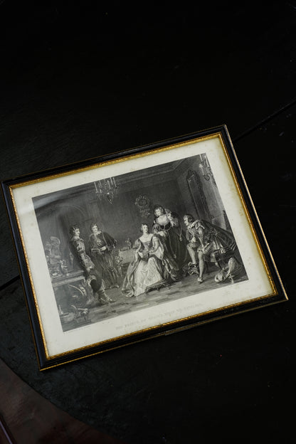Antique Framed Spanish Court Scene Engraving, 19th Century