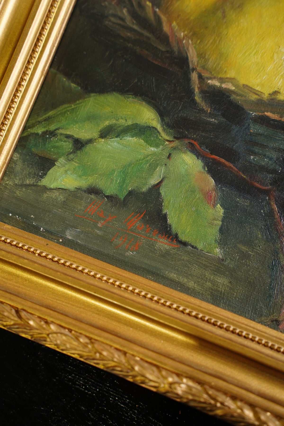 Antique Signed European Fruit Still Life Oil Painting, 1918