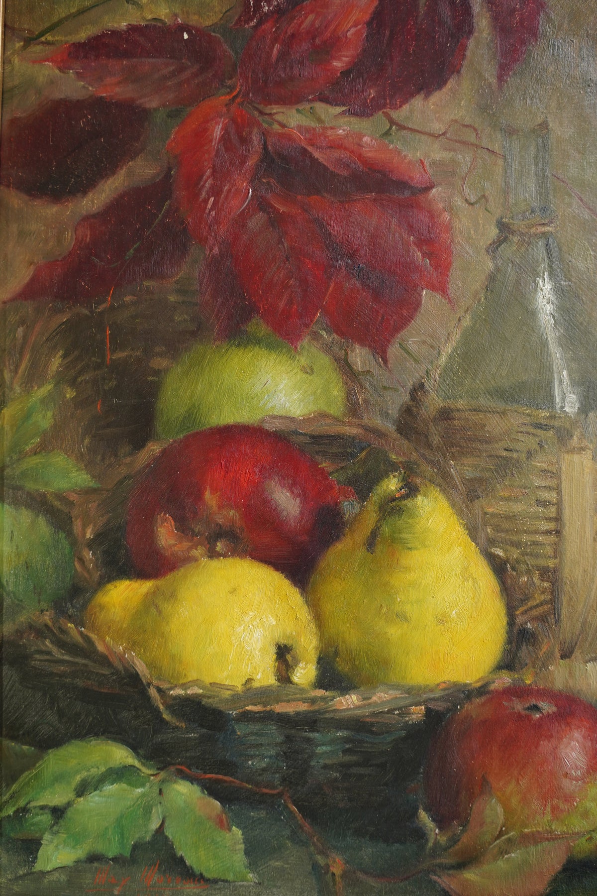Antique Signed European Fruit Still Life Oil Painting, 1918