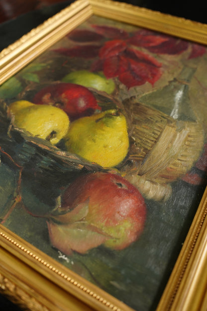 Antique Signed European Fruit Still Life Oil Painting, 1918
