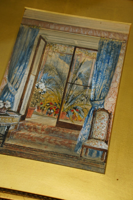 Antique English Interior Watercolor Painting, 1896
