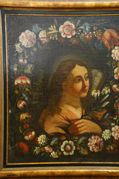 Antique Angel with Lilies Oil Painting in Flower Garland, 17th Century