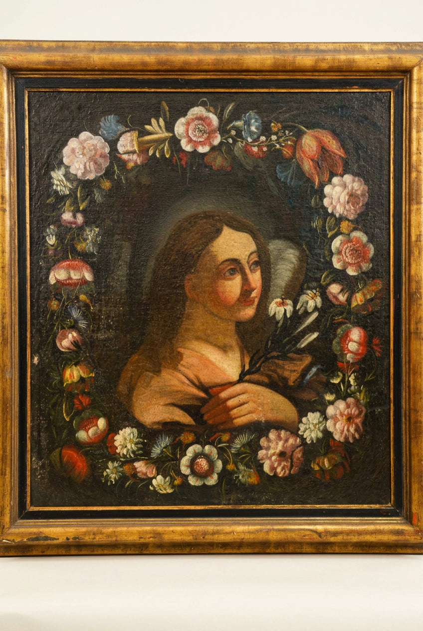 Antique Angel with Lilies Oil Painting in Flower Garland, 17th Century