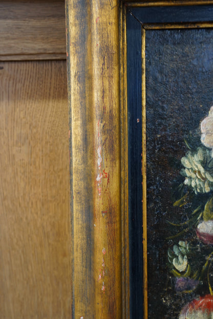Antique Angel with Lilies Oil Painting in Flower Garland, 17th Century