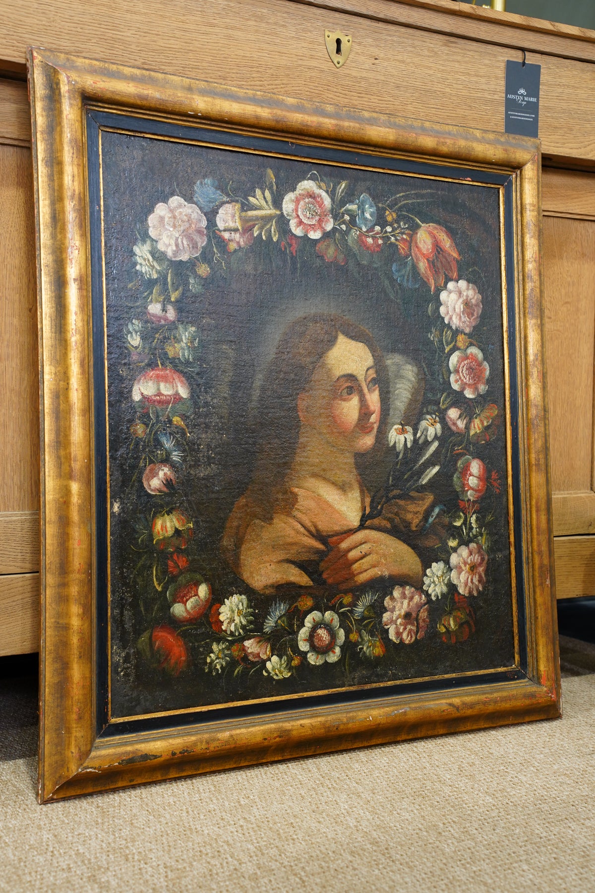 Antique Angel with Lilies Oil Painting in Flower Garland, 17th Century