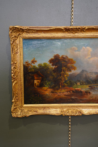 Antique Alpine Chalet Landscape Oil Painting, Late 1800s