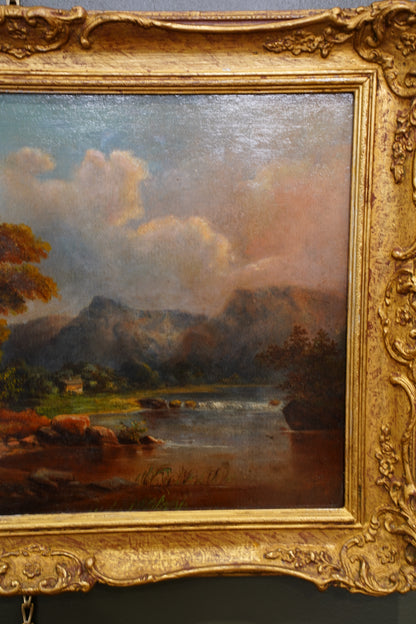 Antique Alpine Chalet Landscape Oil Painting, Late 1800s