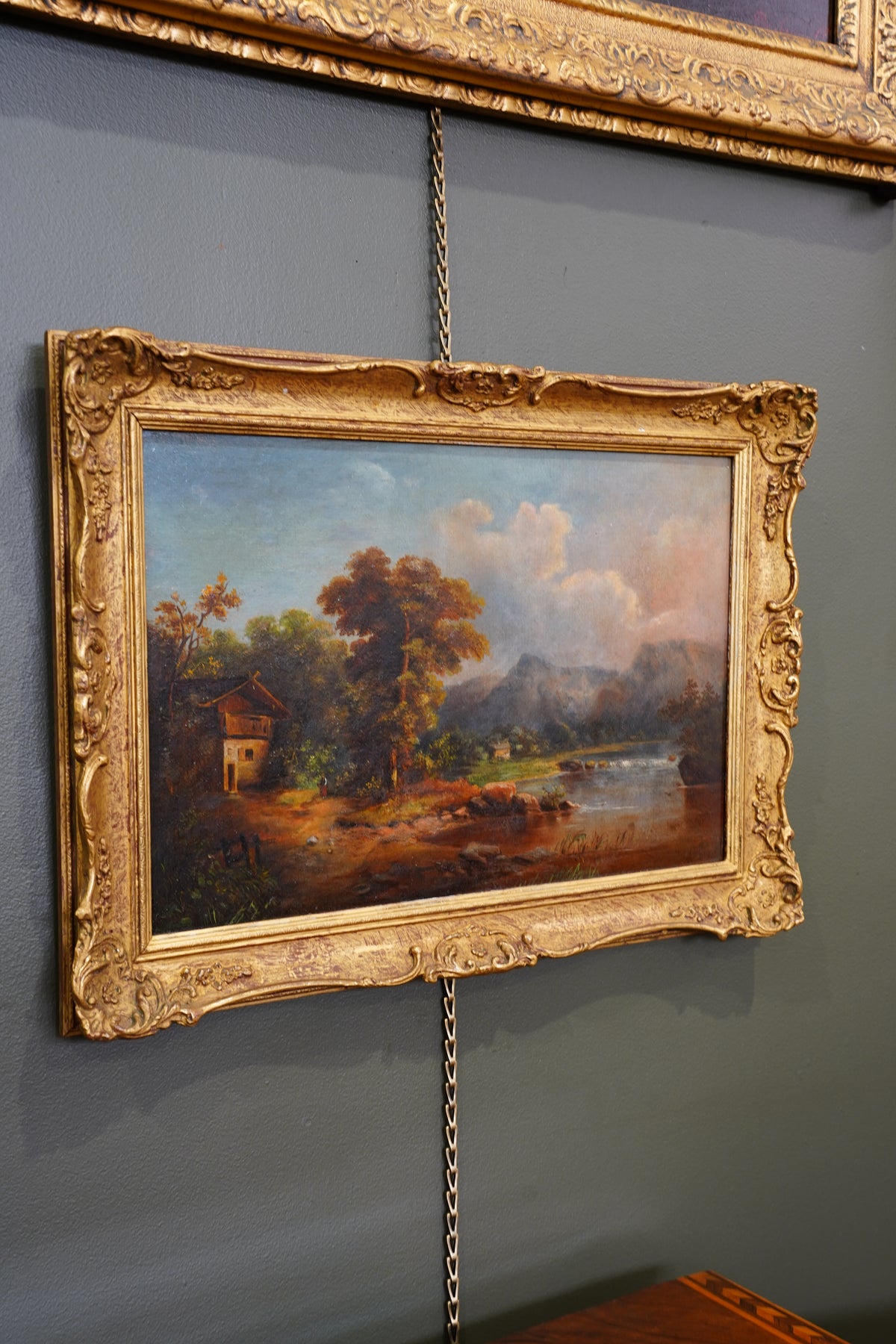 Antique Alpine Chalet Landscape Oil Painting, Late 1800s