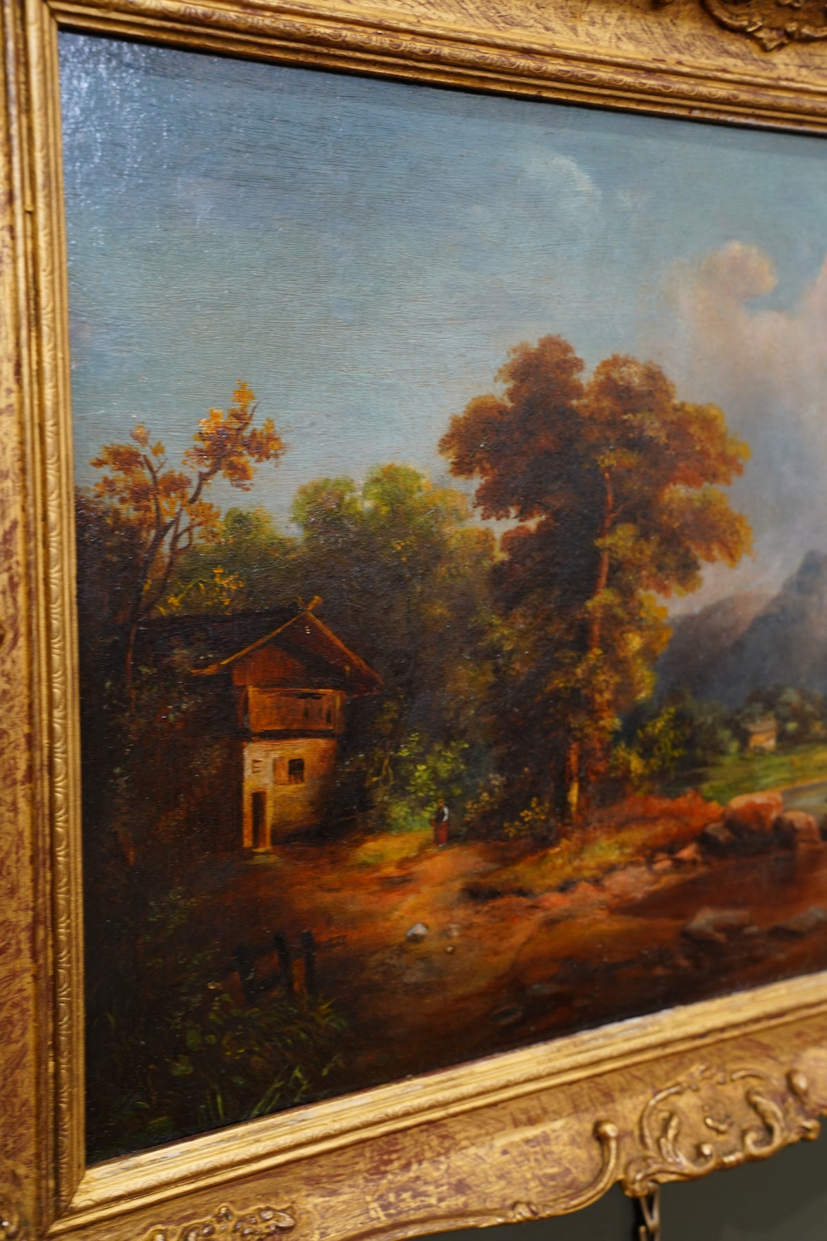 Antique Alpine Chalet Landscape Oil Painting, Late 1800s