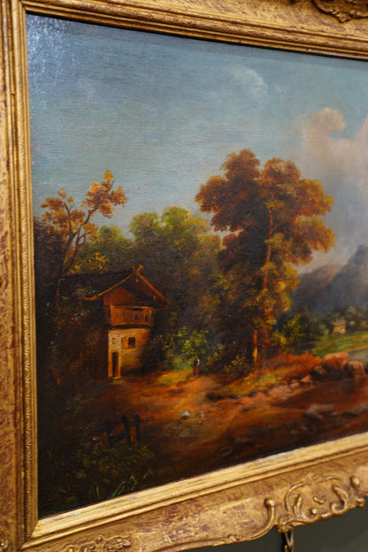 Antique Alpine Chalet Landscape Oil Painting, Late 1800s