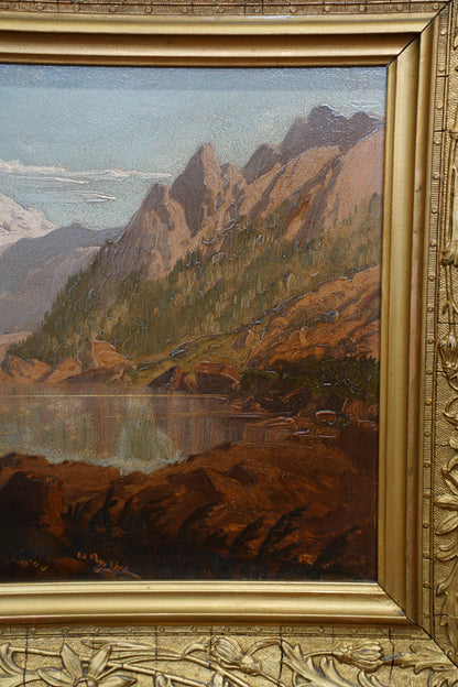 Antique Signed Alpine Lake Landscape Oil Painting