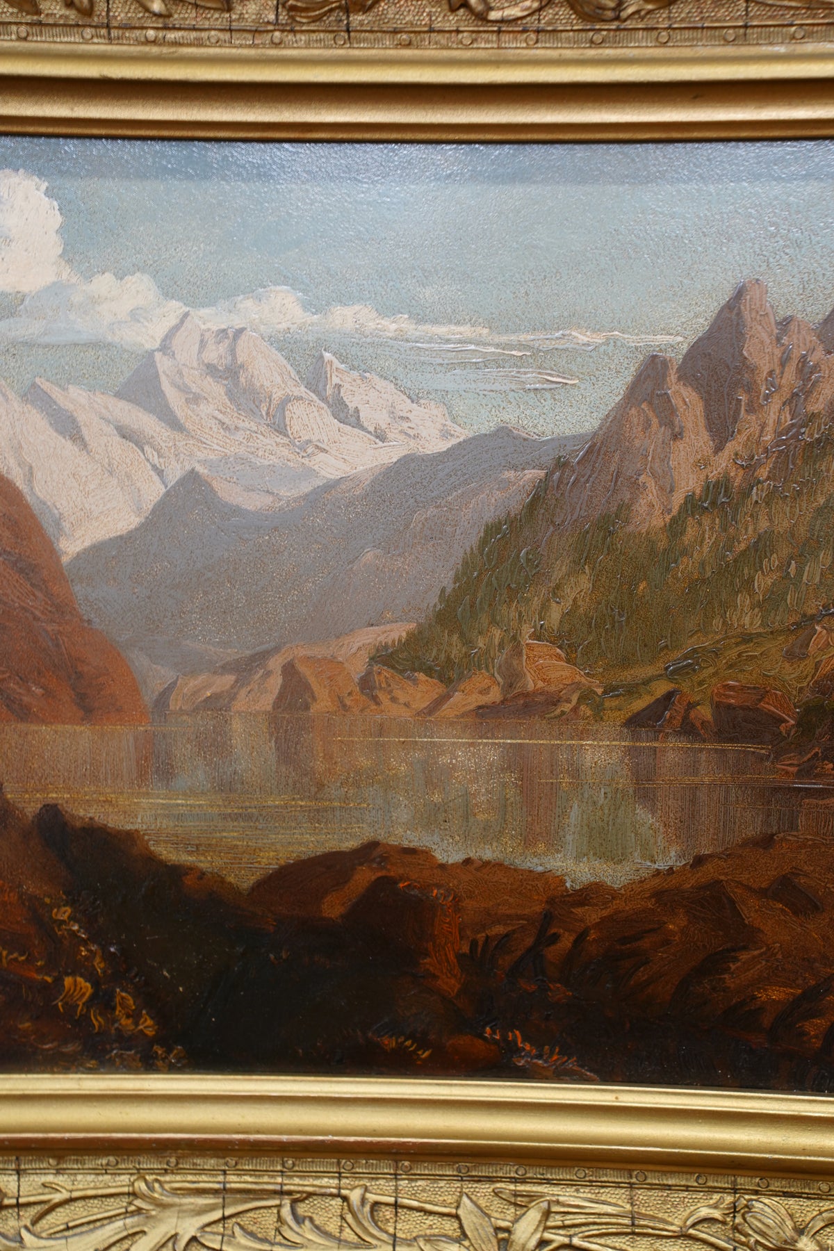 Antique Signed Alpine Lake Landscape Oil Painting