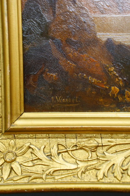 Antique Signed Alpine Lake Landscape Oil Painting