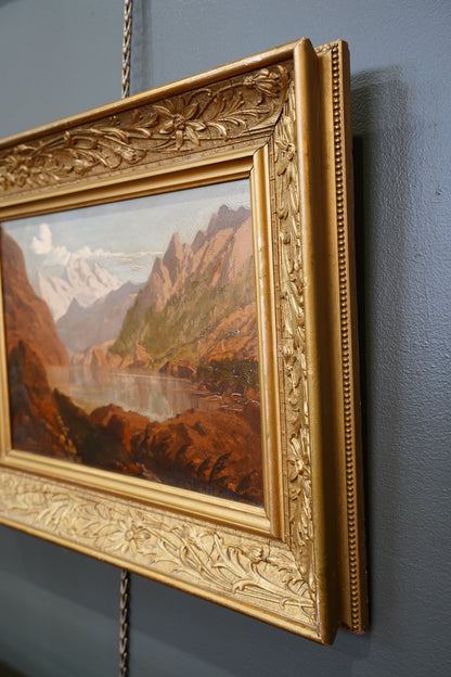 Antique Signed Alpine Lake Landscape Oil Painting