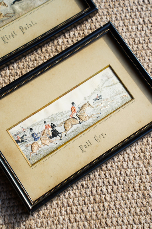 Antique Stevengraph Fox Hunt Woven Silk Picture, Full Cry