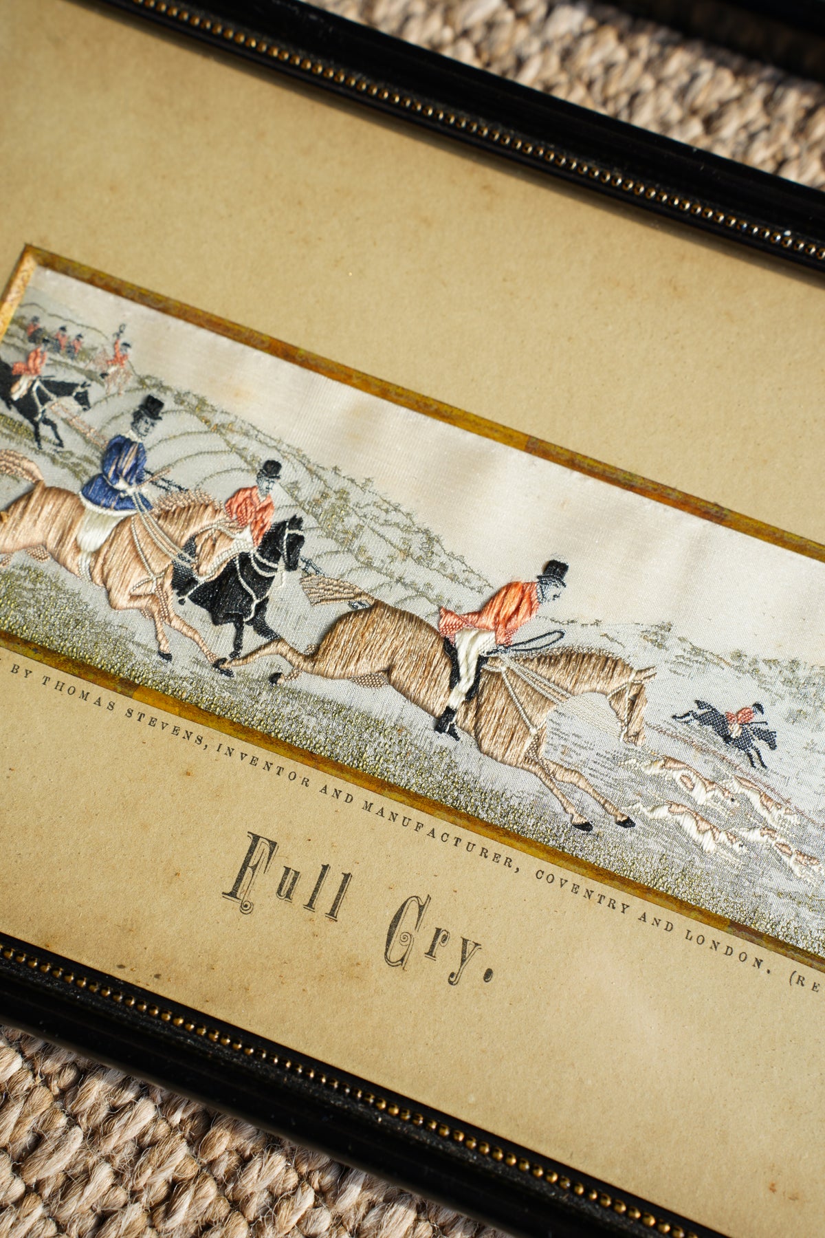 Antique Stevengraph Fox Hunt Woven Silk Picture, Full Cry
