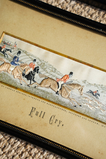 Antique Stevengraph Fox Hunt Woven Silk Picture, Full Cry