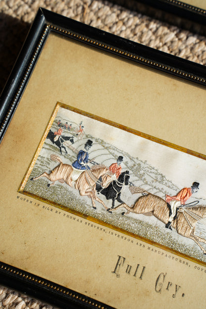 Antique Stevengraph Fox Hunt Woven Silk Picture, Full Cry