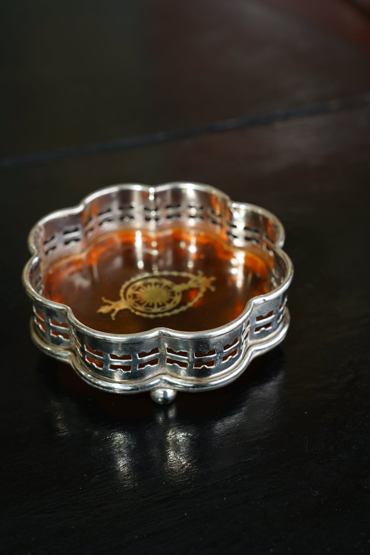 Antique English Silverplate Wine Coaster, Faux Tortoiseshell