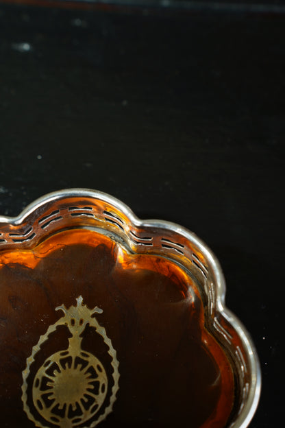 Antique English Silverplate Wine Coaster, Faux Tortoiseshell