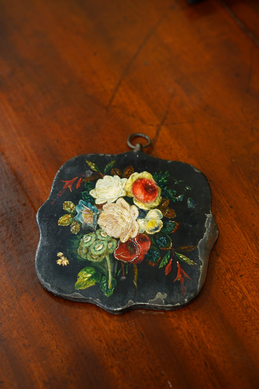 Antique Small Floral Oil Painting on Wood, Unframed