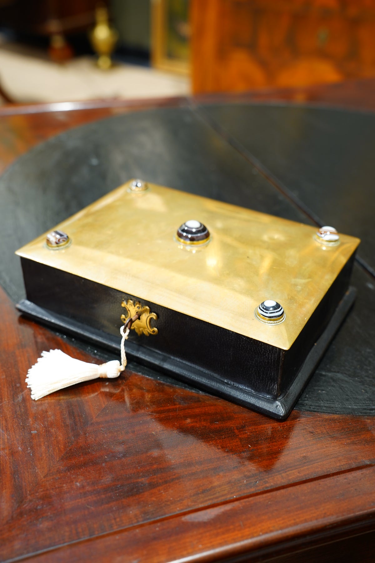Antique Jewelry Box with Agate Stones, Ca. 1870