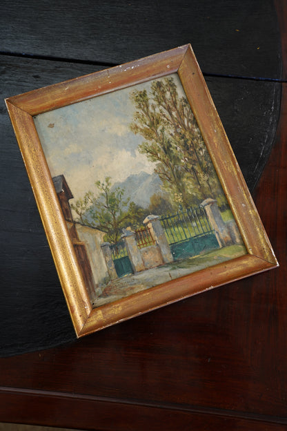 Antique Signed European Stone Gate Landscape Oil Painting