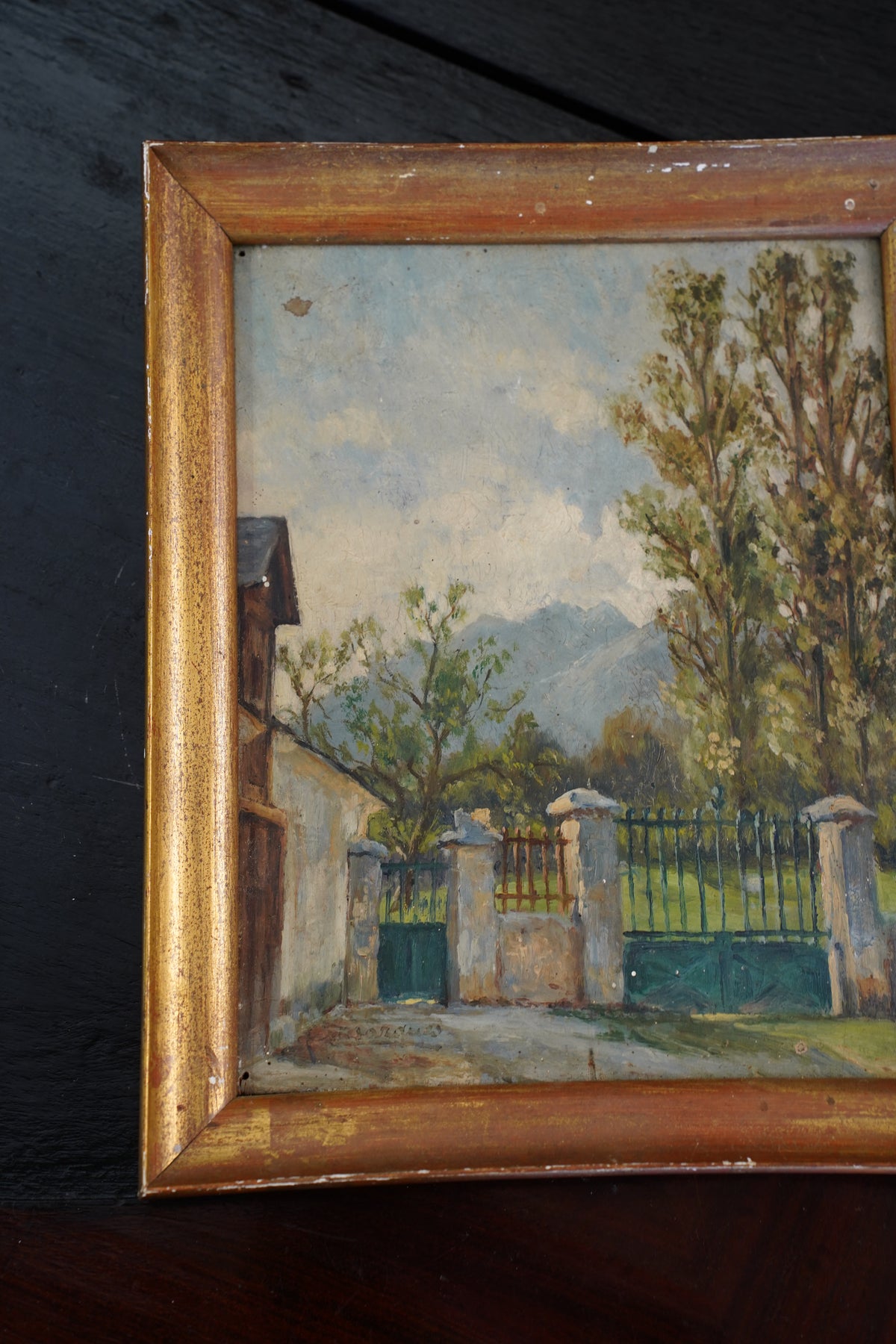 Antique Signed European Stone Gate Landscape Oil Painting
