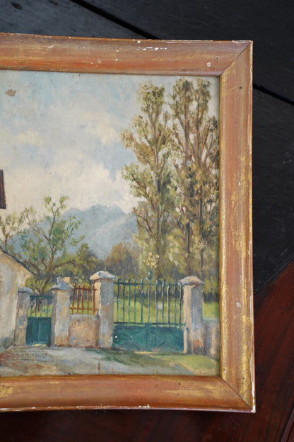 Antique Signed European Stone Gate Landscape Oil Painting