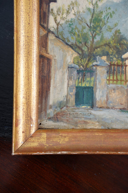 Antique Signed European Stone Gate Landscape Oil Painting