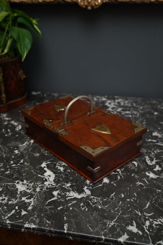 Antique Edwardian Oak & Silver-Plated Two-Compartment Stationery Box with Handle