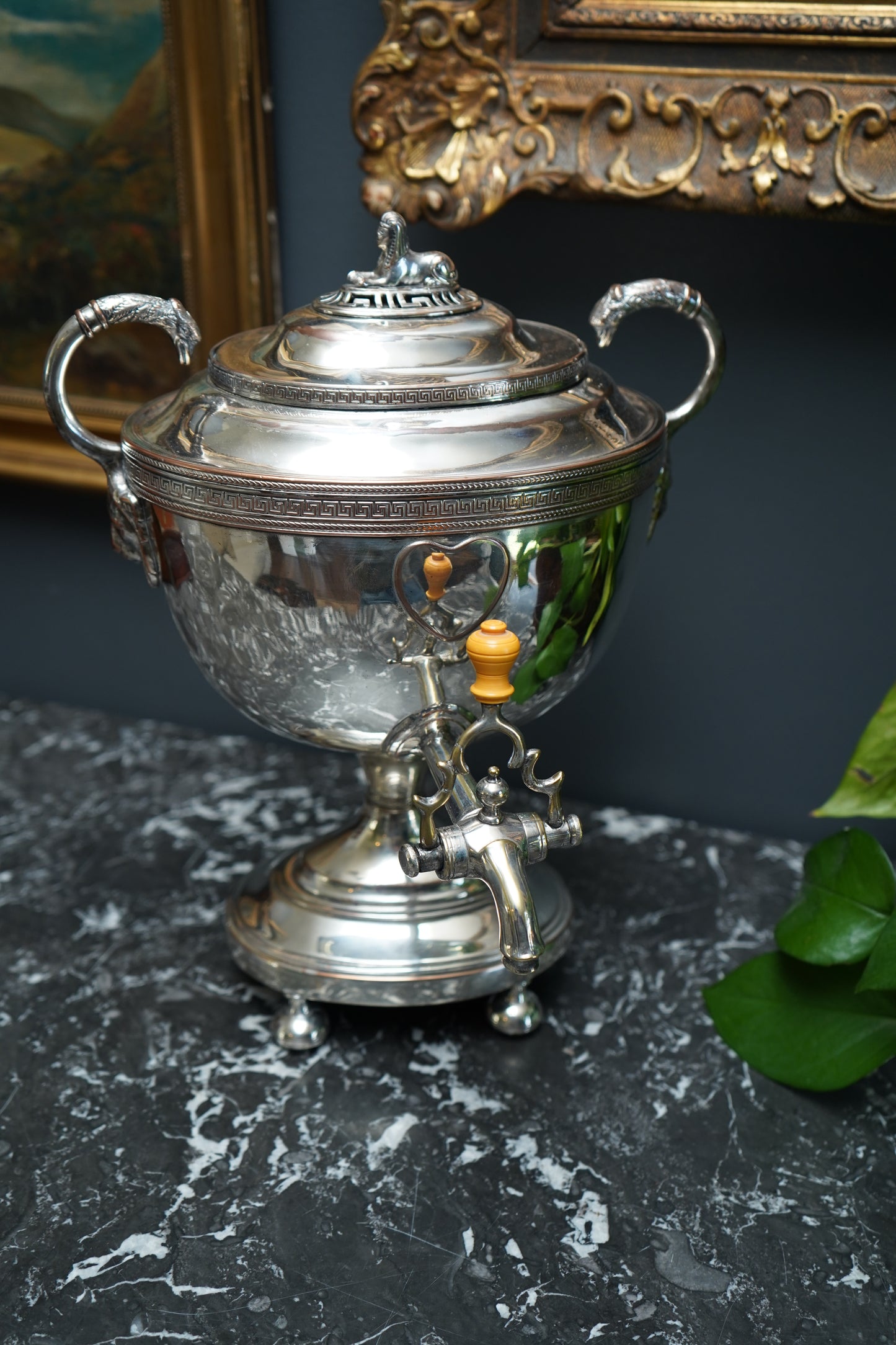 Antique Silver Plated Samovar with Sphinx Finial and Lion Mask Handles | Victorian Tea Urn
