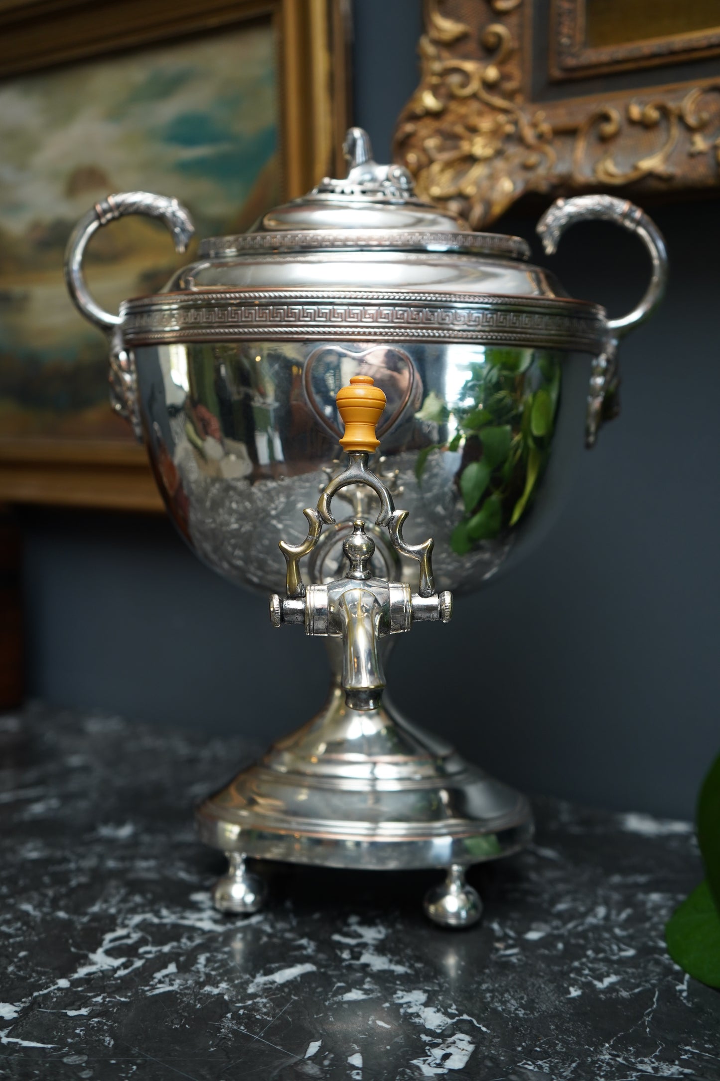 Antique Silver Plated Samovar with Sphinx Finial and Lion Mask Handles | Victorian Tea Urn