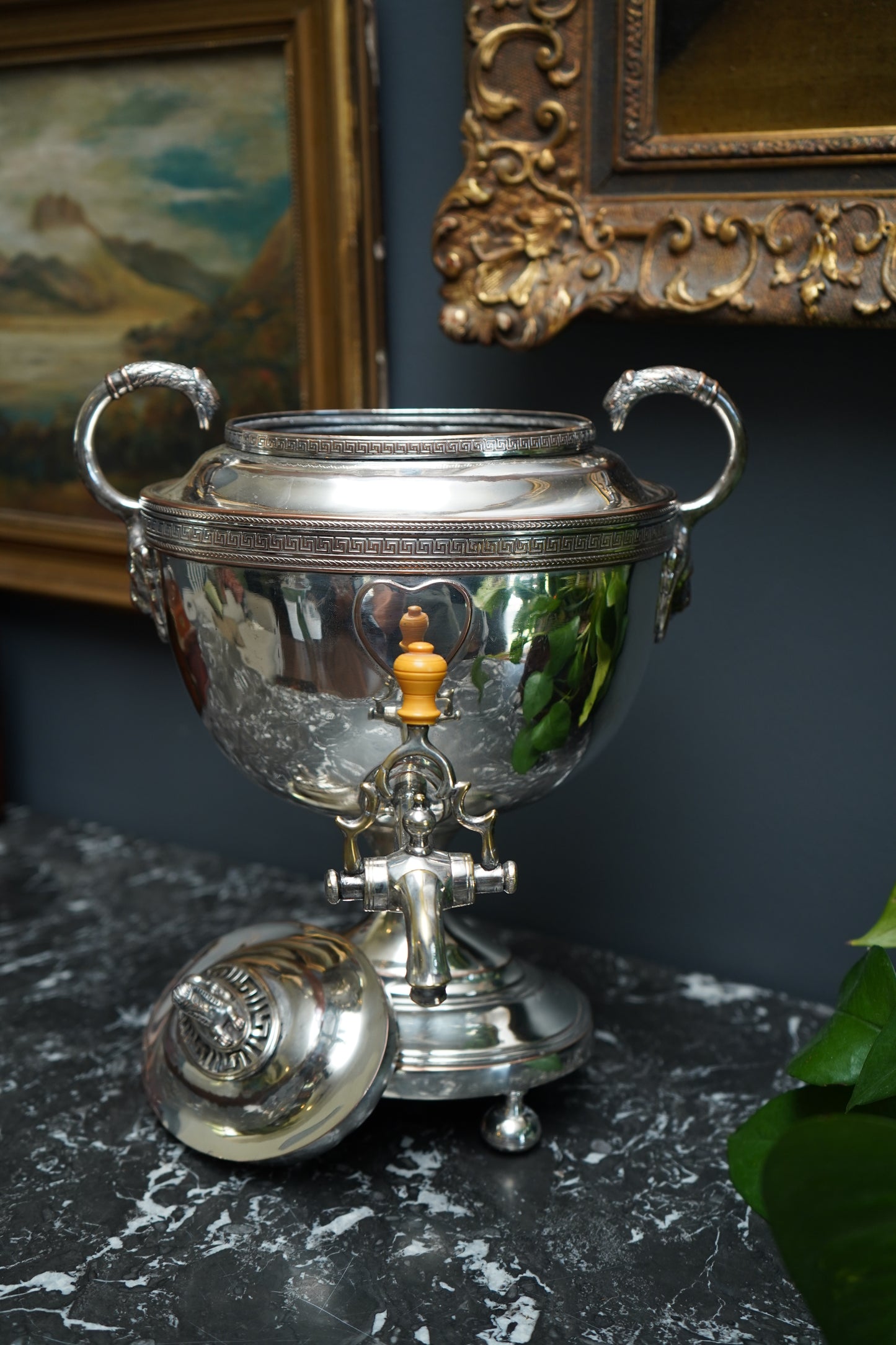 Antique Silver Plated Samovar with Sphinx Finial and Lion Mask Handles | Victorian Tea Urn