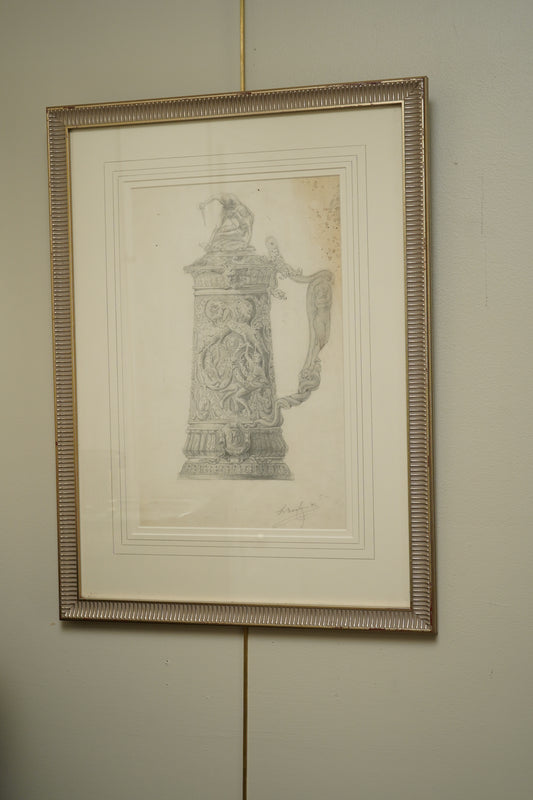 Henry Bouvet (French, 1859–1945) – Study of a Tankard, Signed Pencil Drawing on Paper, Framed