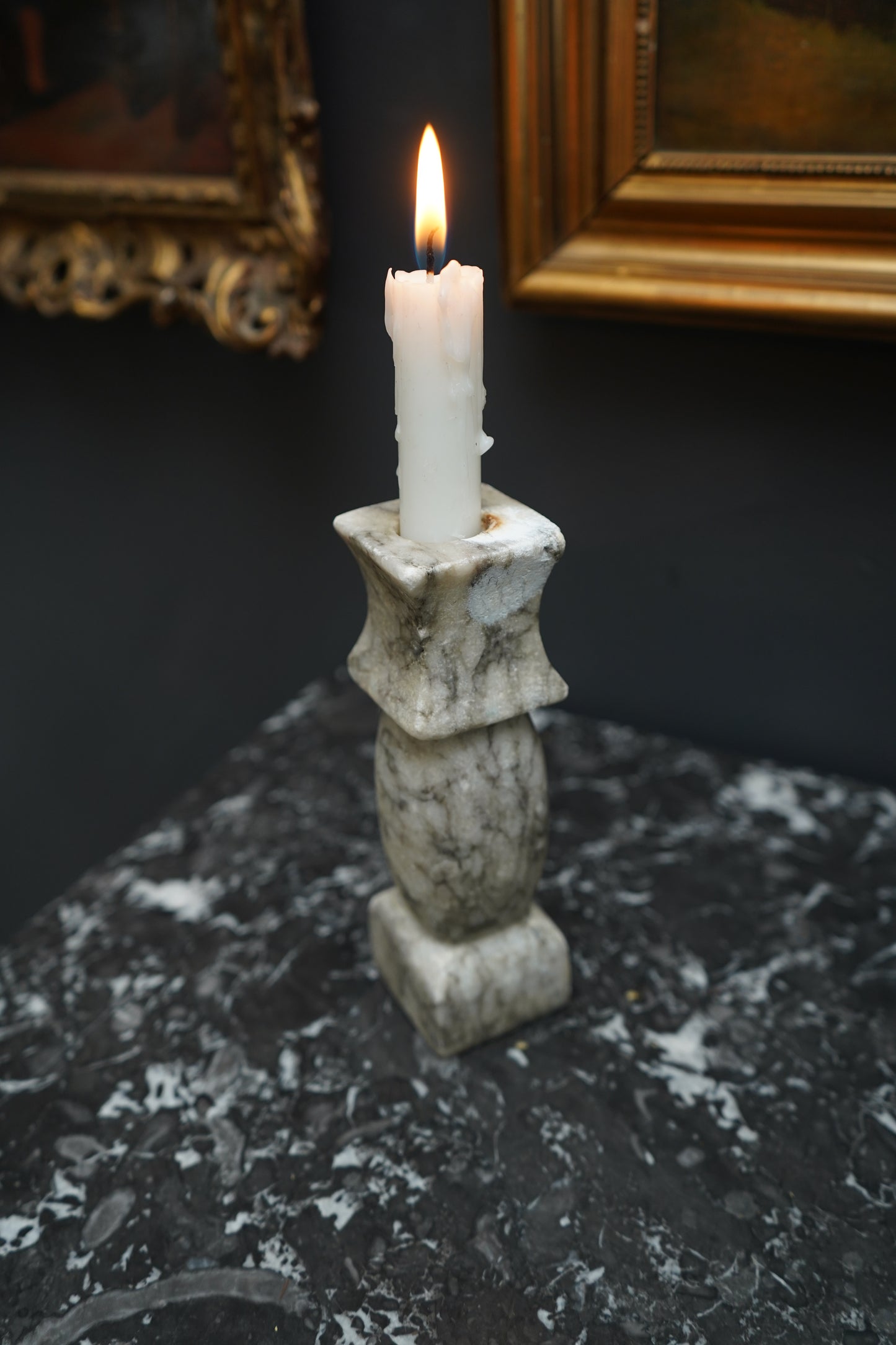 Vintage Italian Carrara Marble Candlestick Holder, Hand-Carved Stone Candle Holder