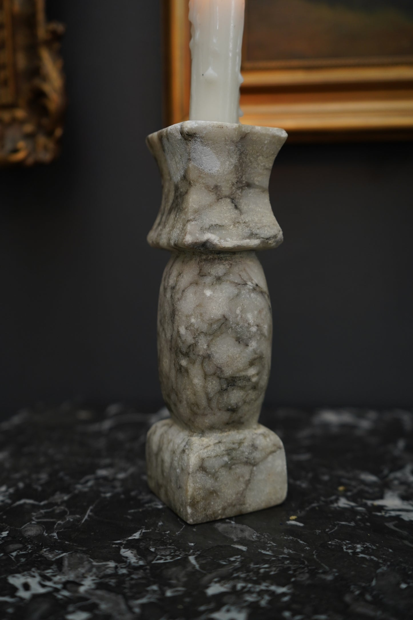 Vintage Italian Carrara Marble Candlestick Holder, Hand-Carved Stone Candle Holder