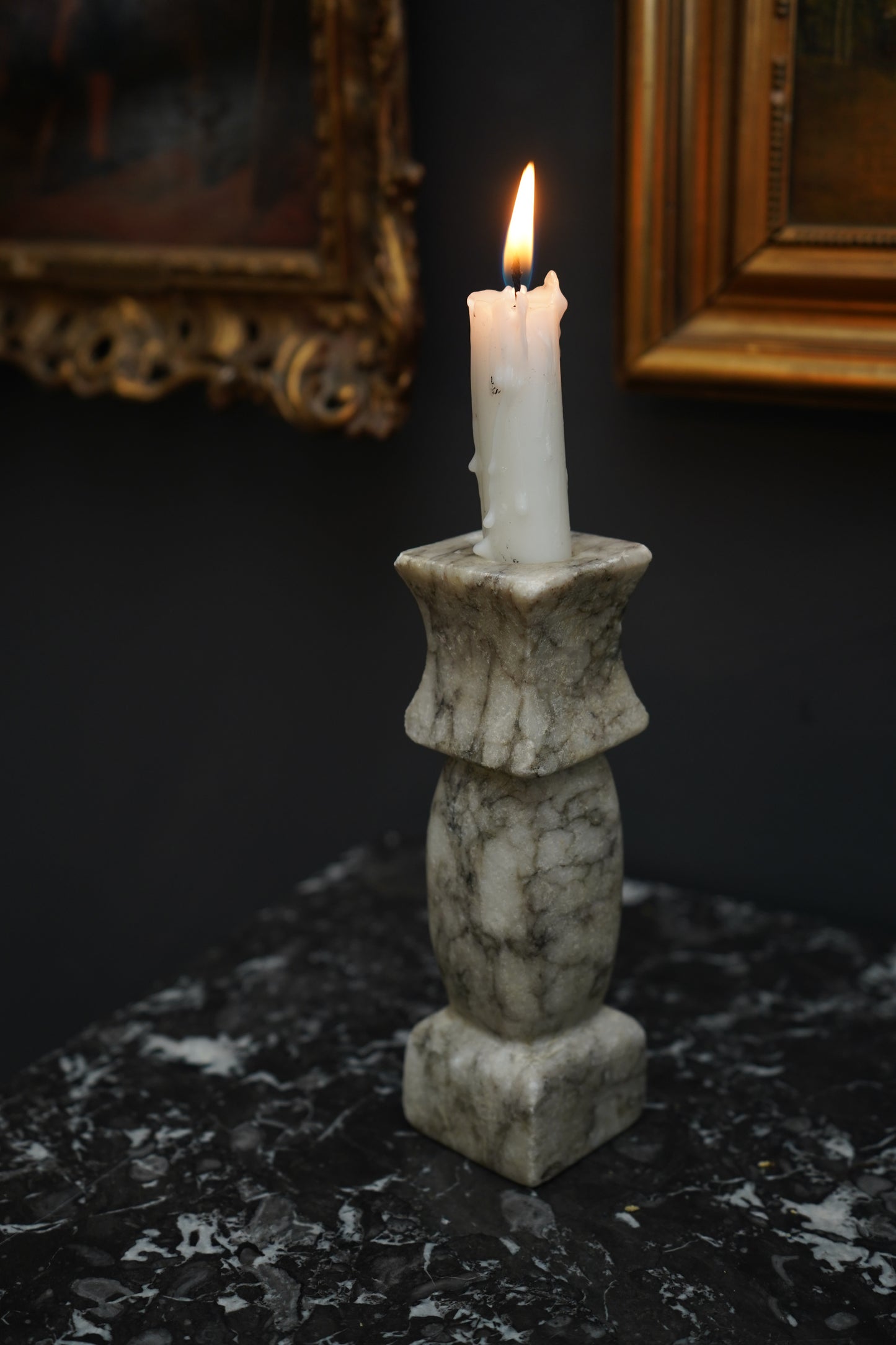 Vintage Italian Carrara Marble Candlestick Holder, Hand-Carved Stone Candle Holder