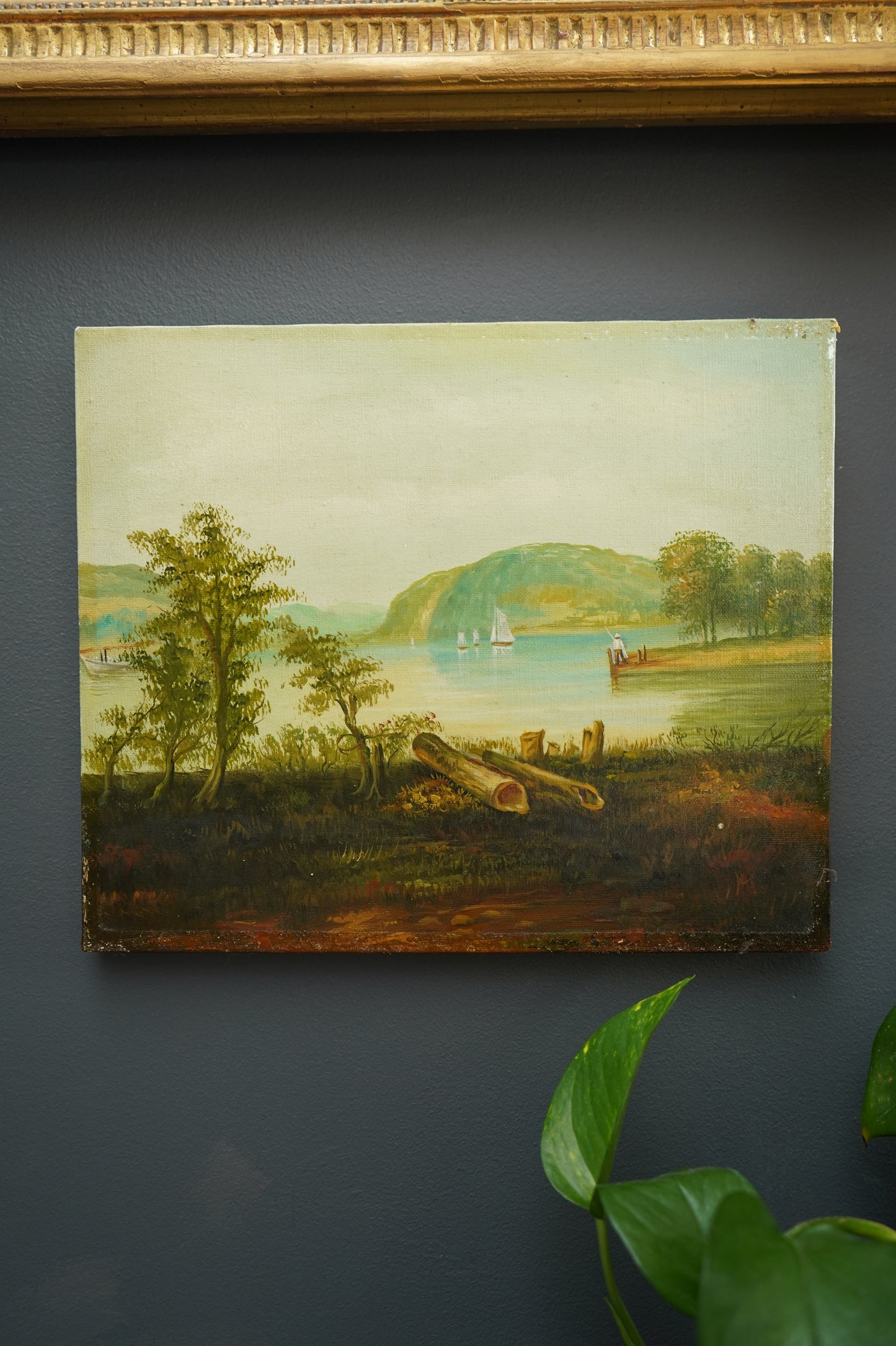 Vintage Hudson River School Style Oil on Canvas Landscape with Sailboats, Mid 20th Century Unframed