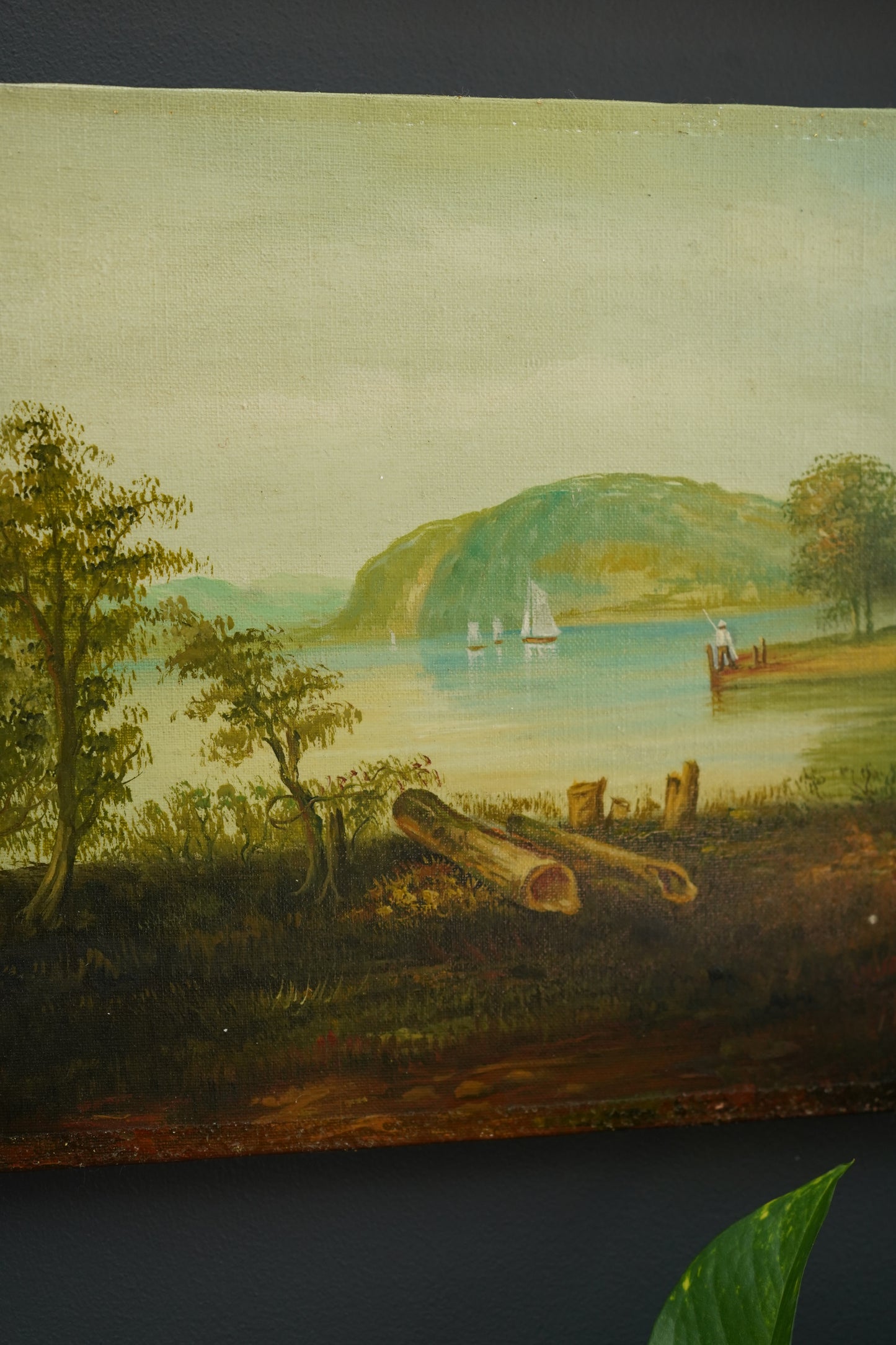 Vintage Hudson River School Style Oil on Canvas Landscape with Sailboats, Mid 20th Century Unframed