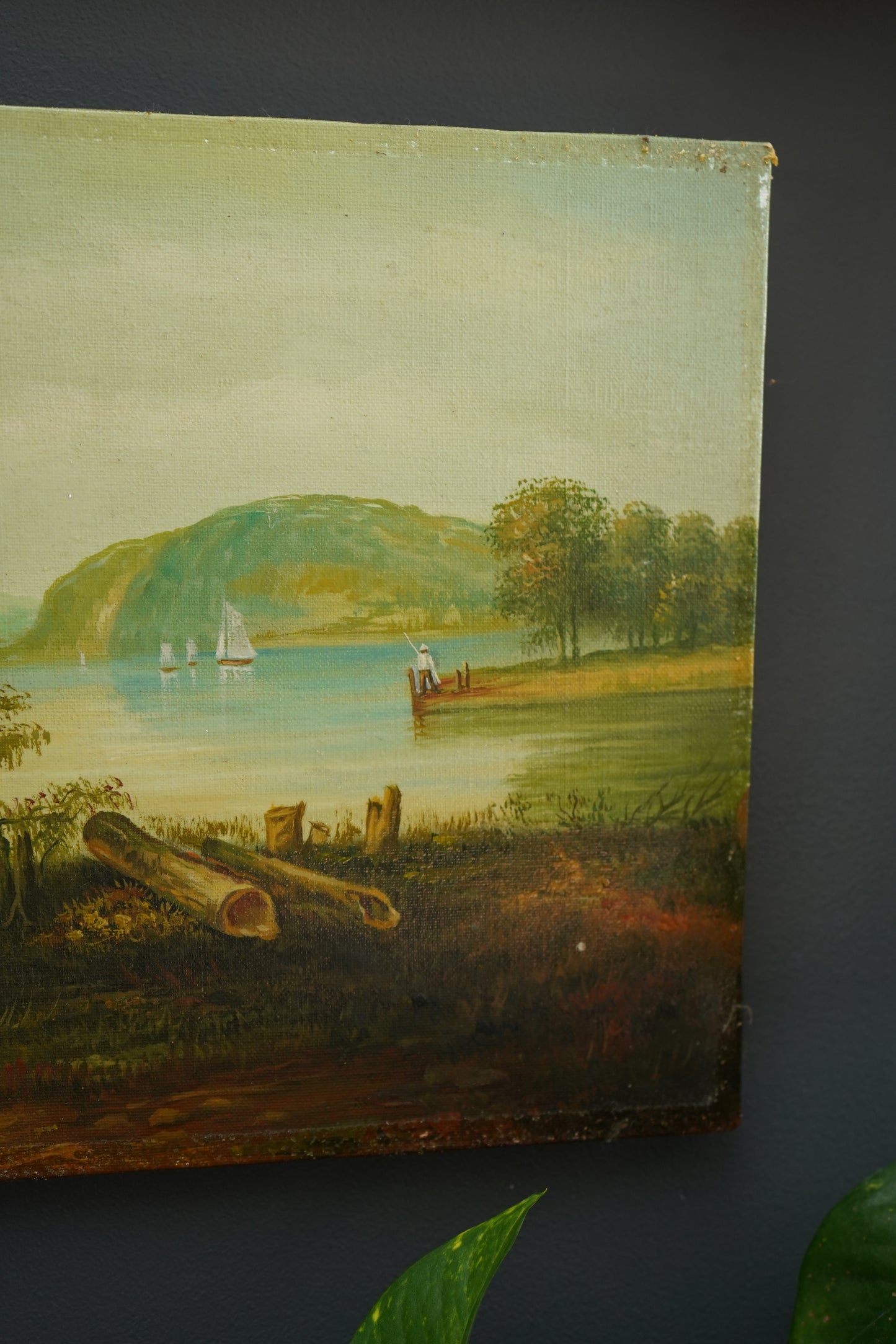 Vintage Hudson River School Style Oil on Canvas Landscape with Sailboats, Mid 20th Century Unframed
