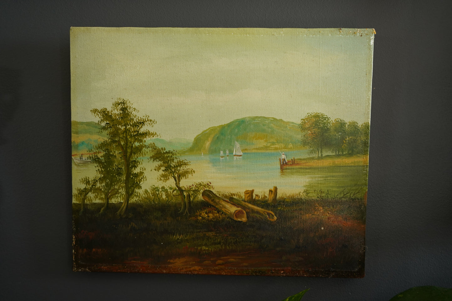 Vintage Hudson River School Style Oil on Canvas Landscape with Sailboats, Mid 20th Century Unframed